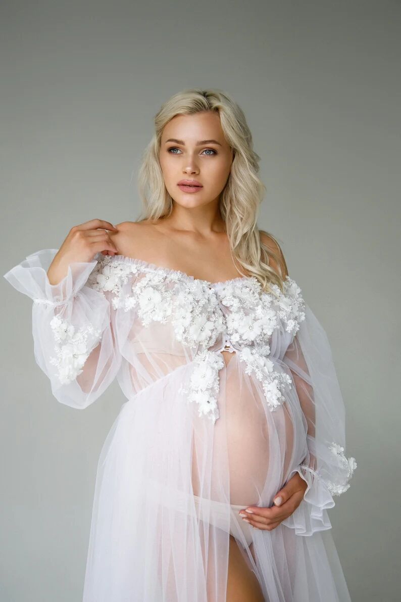 White Illusion Party Sleepwear Dresses Women Long Maternity Flowers Custom Made Robe Evening Dress