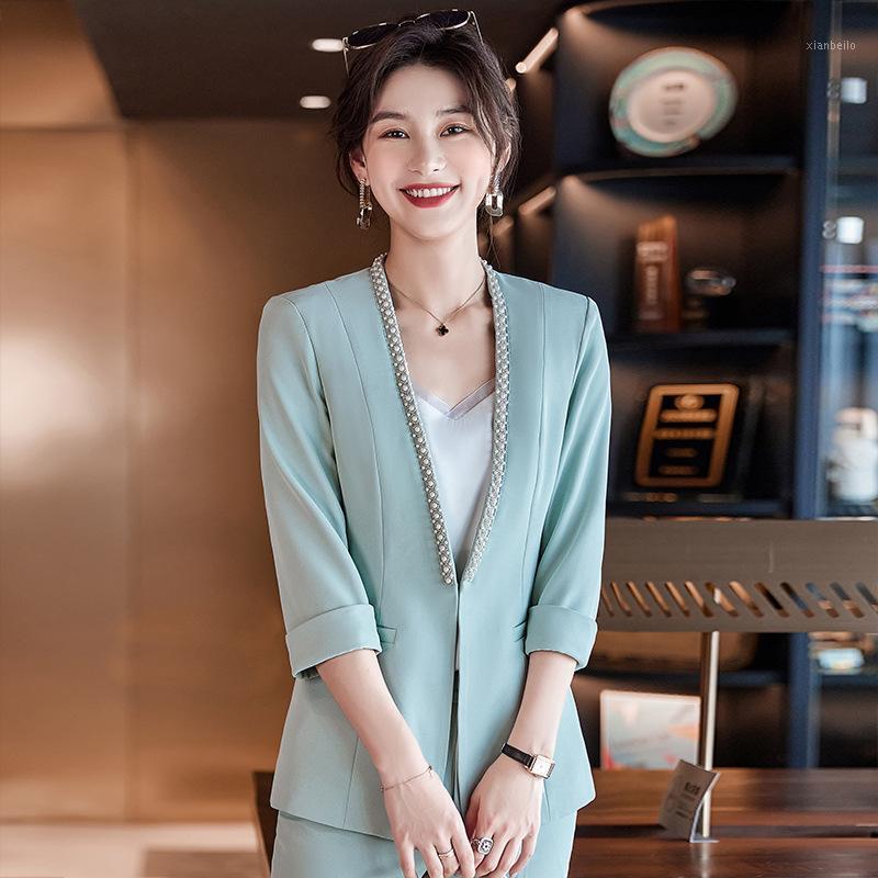 Women' Two Piece Pants Beautician Jewelry Store Gold Middle Sleeve Work Clothes Spring And Summer Female Receptionist Suit, White pants suit
Women' Two Piece Pants Beautician Jewelry Store Gold Middle Sleeve Work Clothes Spring And Summer Female Receptionist Suit, White pants suit
