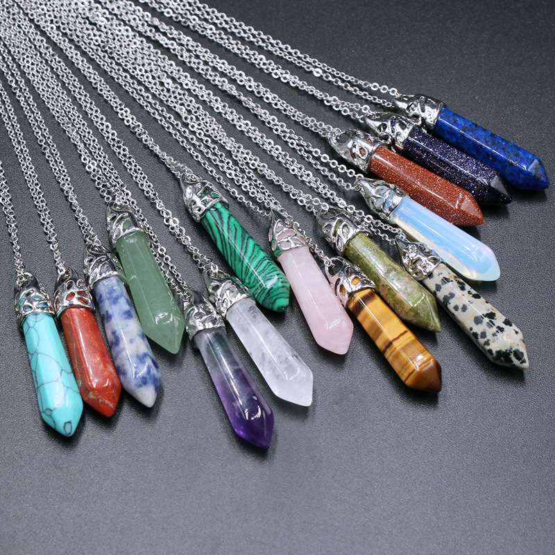 Natural Stone 38mm hexagonal pyramid Pendant necklaces Amethyst Aventurine Rose Quartz Crystal Agates Pendant Necklace