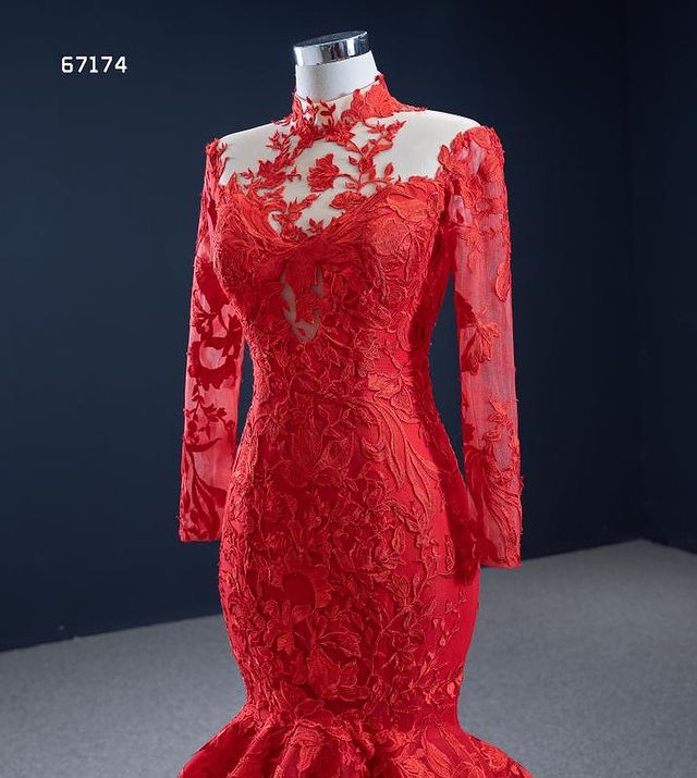 Red Applique Mermaid Prom Dresses evening gown 2022 Real Image High Neck Illusion Long Sleeve lace-up corset princess trumpet Dress