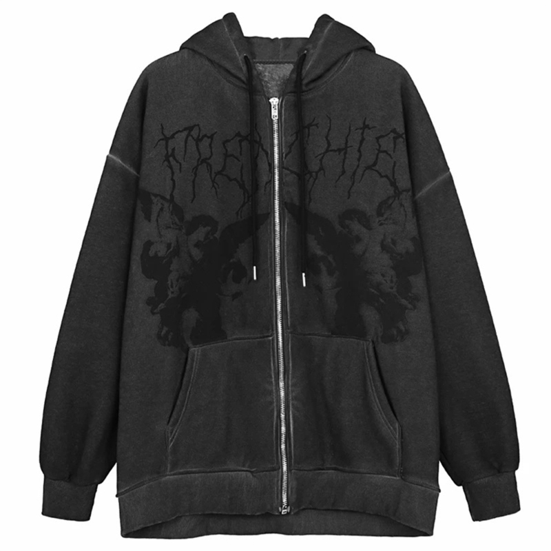 Women's Y2K Hoodie Zip-up Sweatshirt Angel Printing Jacket Loose Long Sleeve Pockets Streetwear Hip Hop Fashion Men Women Coat 220817
