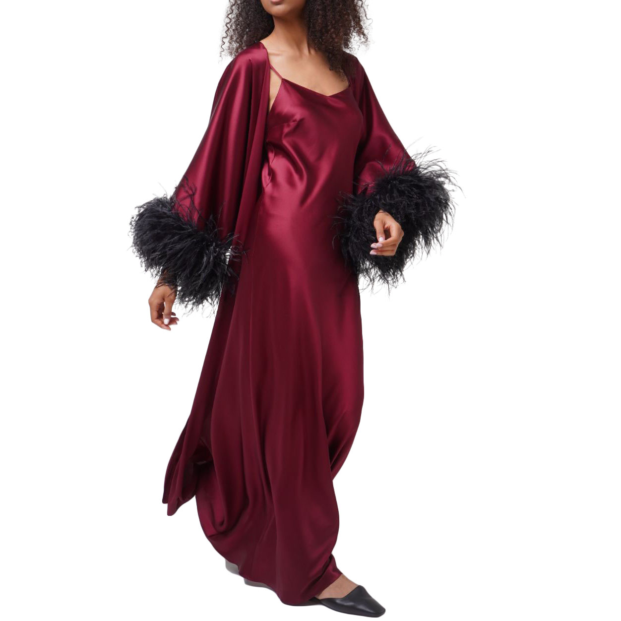 Burgundy Satin Silk Party Sleepwear Dresses Women Long Maternity Feather Robes Custom Made Robe Evening Dress