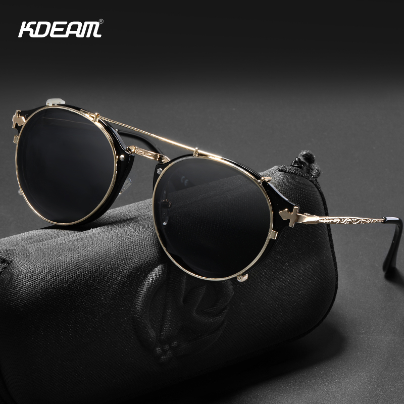KDEAM Retro Steampunk Round Clip On Sunglasses Men Women Double Layer Removable Lens Baroque Carved Legs Glasses UV400 With Box 220526