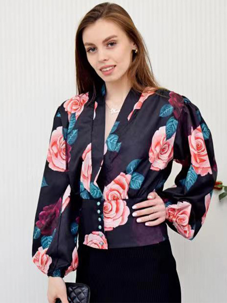 V neck Print Women s Cropped Blouse Pleated Lantern Long Sleeve Button Female Shirt Spring Summer Basic Street Shirts Top 220810
