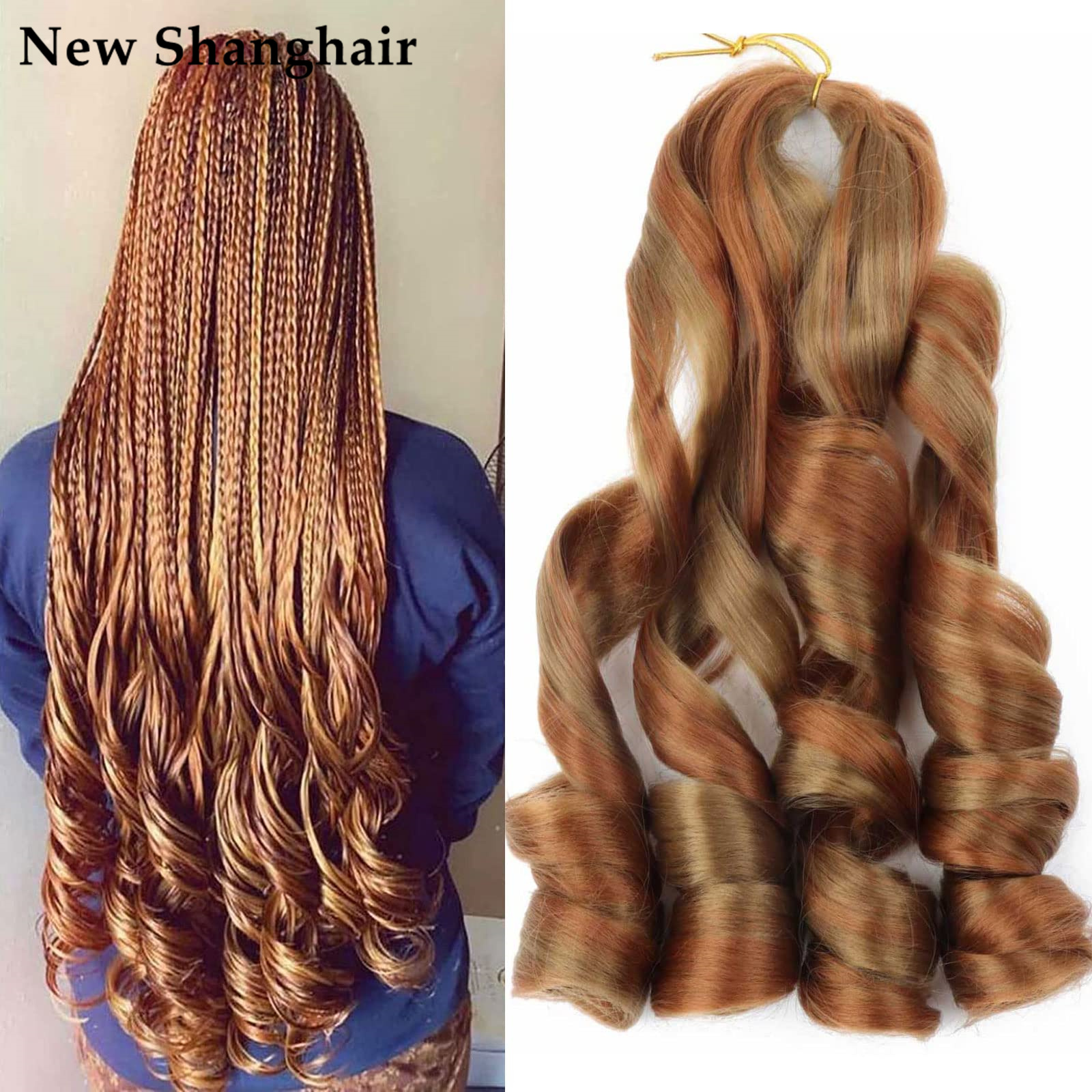 

New Shanghair 22" Synthetic Loose Wave Spiral Curl Braid Hair Ombre Pre Stretched Crochet Braiding Hair Extensions for Women French Curls BS04, 1b