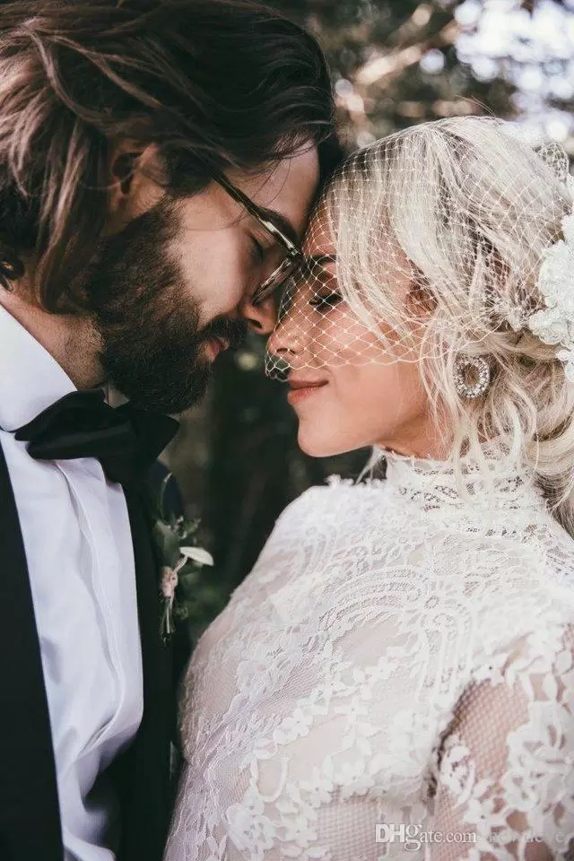Boho Mermaid Lace Wedding Dresses Bridal Gown Sexy Backless Long Sleeves High Neck Ruffles Custom Made Ruched Country Beach Vestidos De Novia