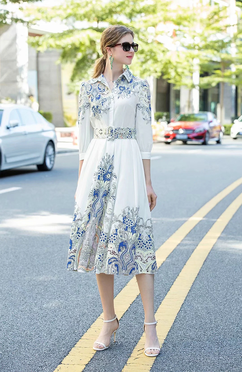 Women's Runway Dresses Turn Down Collar 3/4 Sleeves Printed High Street Fashion Dress Vestidos