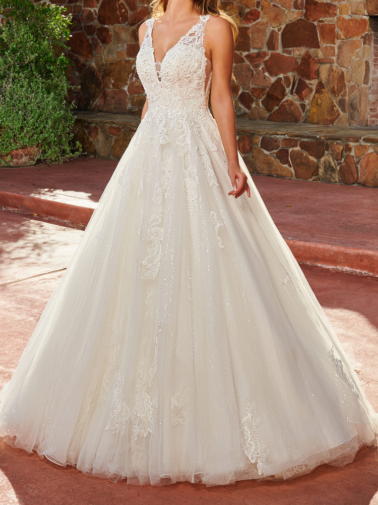 Glitter Tulle Wedding Dresses Bridal Gowns Sweetheart Neckline Applique with Beading Side Seam Illusions Chapel Train