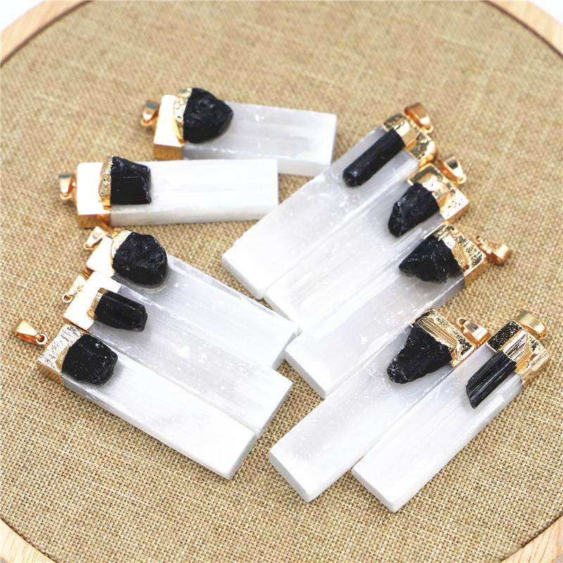 Pendant Necklaces Natural Selenite Plaster Black Tourmaline Pendants Rock Mineral Specimen Jewelry Reiki Healing Energy Charms DIY