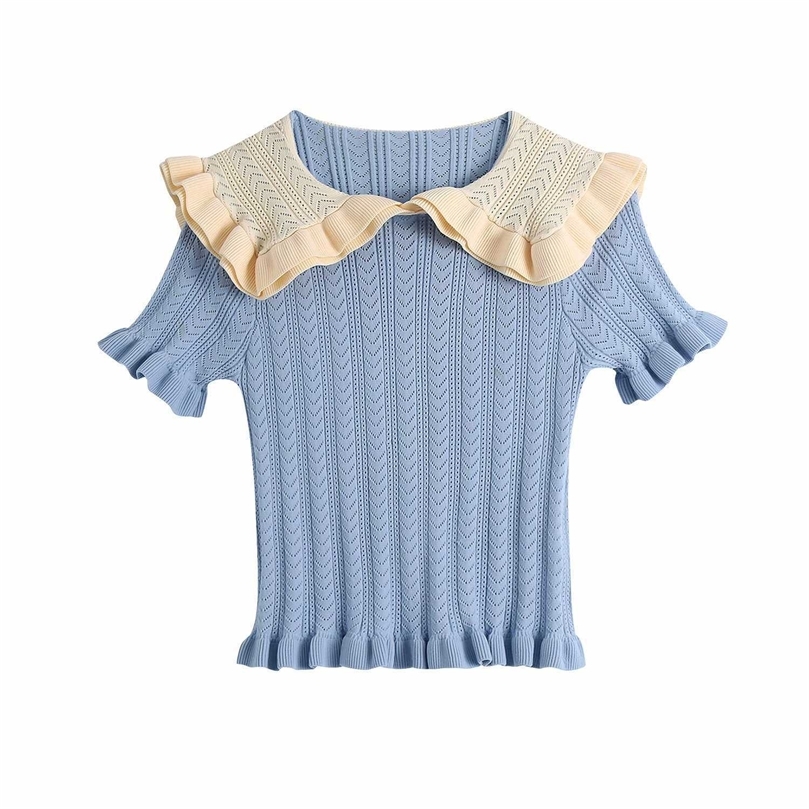Women Contrast Knit Top Ruffled Collar Short Sleeves fitted T- shirt casual fashion Woman t-shirts 210709, Blue
Women Contrast Knit Top Ruffled Collar Short Sleeves fitted T- shirt casual fashion Woman t-shirts 210709, Blue