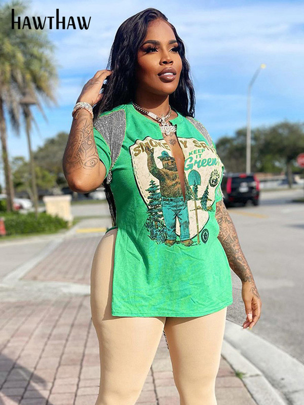 Hawthaw Women V Neck Letter Print Short Sleeve Graphic T Shirt Tops Tees Blouse Summer Clothes Wholesale Items Streetwear 220527