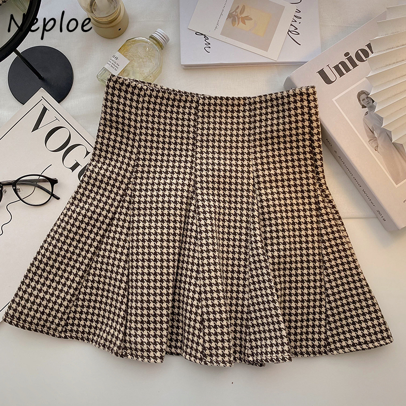 Neploe Retro Plaid Pleated Skirts Autumn Korean Style Fashion Mini Skirt Woman High Waist A-line Mujer Faldas 220322