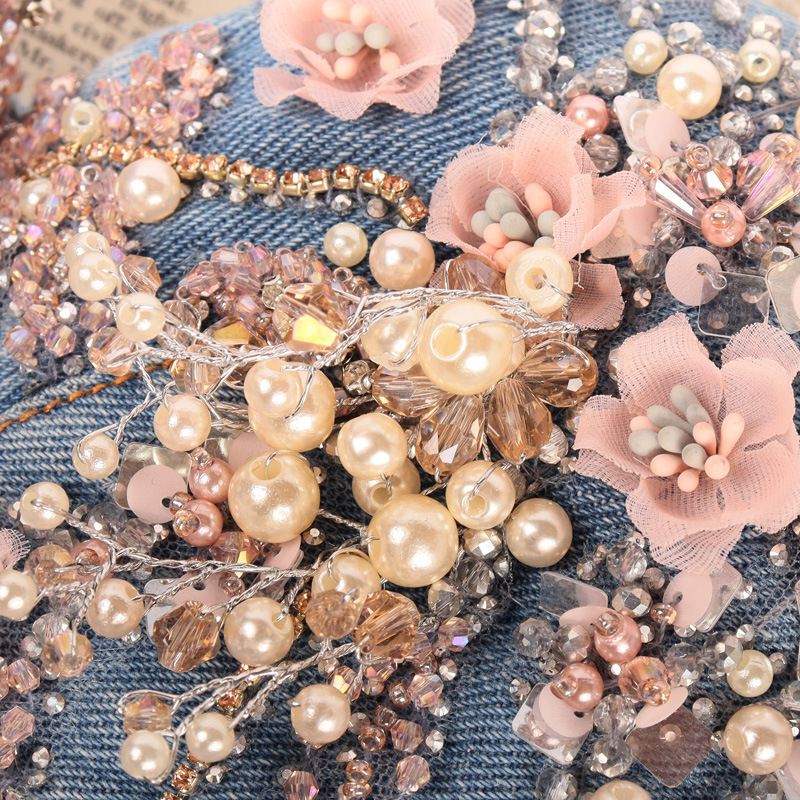 Flower beading Denim Jeans Scratched Women's Button Diamonds Ripped Push Up Bustier Night Club Party Crop Top Corset Camise 220325