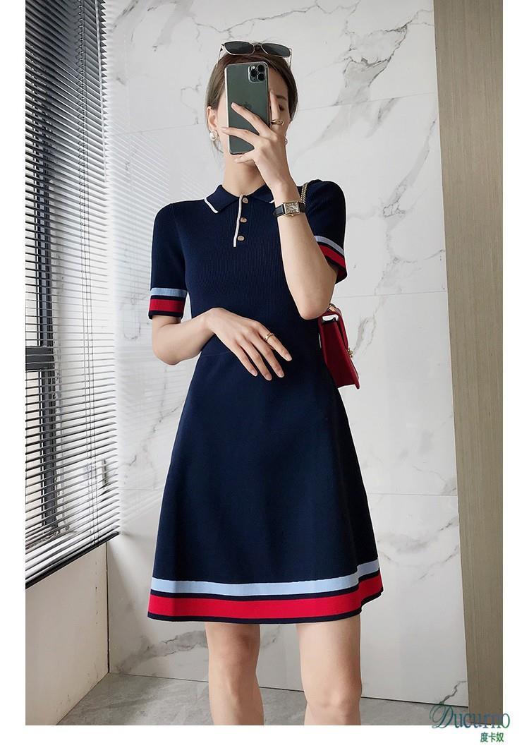 New Womens color block turn down collar short sleeve knitted a-line casual summer dress SMLXLXXL