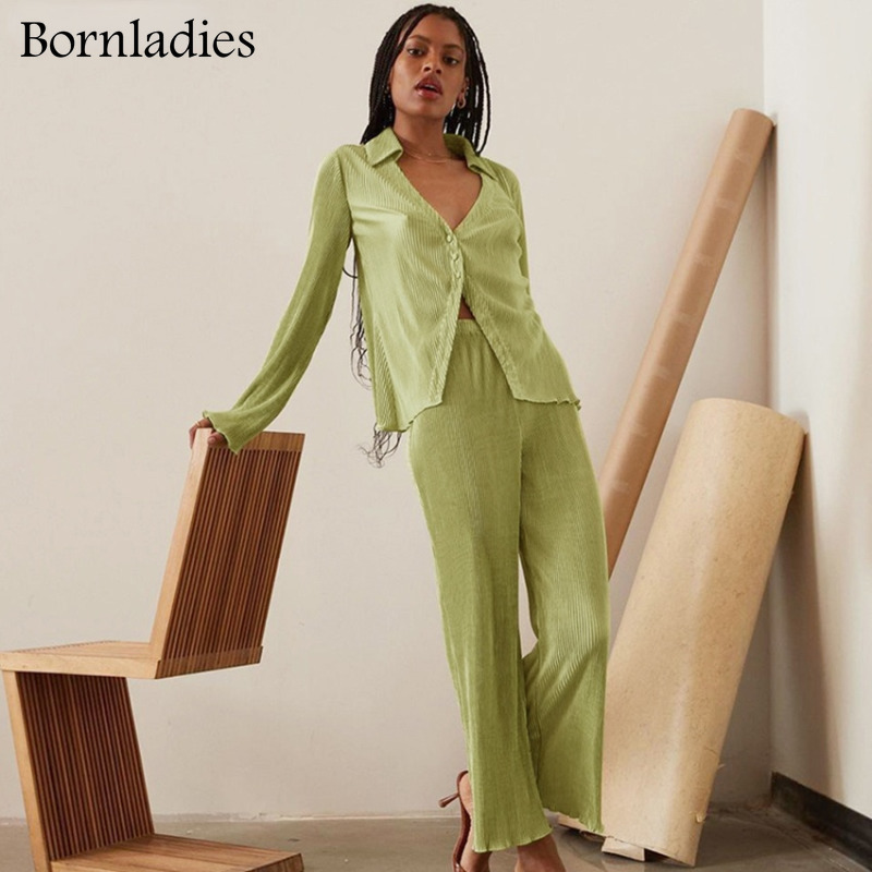 Bornladies Casual Ladies Office 2 Piece Sets Summer Women Outfit Long Sleeve Shirt And Loose Pants Green Pleated Suit Female 220315