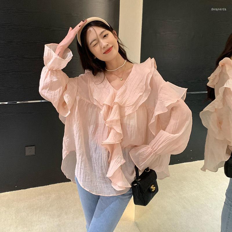 Women' Blouses & Shirts Chiffon Ruffles Blouse Women V Neck 2022 Long Sleeve Loose Tops Solid White Pink Casual Ladies Shirt Summer Blusas, Green
Women' Blouses & Shirts Chiffon Ruffles Blouse Women V Neck 2022 Long Sleeve Loose Tops Solid White Pink Casual Ladies Shirt Summer Blusas, Green
