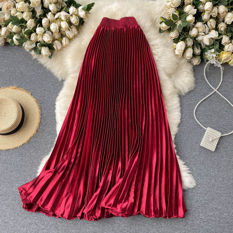 Croysier High Waist Long Skirts Womens Maxi Pleated Women Clothing Elegant Office Lady Fashion Metallic Satin 220317