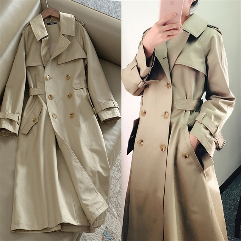 Khaki Long Trench Coat Women Spring Autumn New Korean Clothes Fashion Slim Double Breasted Windbreaker Women Overcoat H256 T200811