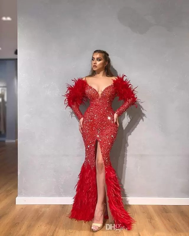 Red Sparkling Mermaid Prom Dresses Sexy V Neck Long Sleeves Satin Appliques Sequins Feather Plus Size Luxury Front Slit Floor Length Custom Made Eveni