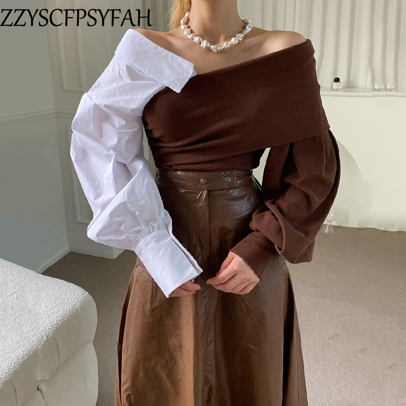 fashion off shoulder top casual Splicing women sexy tops lady beautiful nice woman tshirts female OL Streetwear BAt184 220328