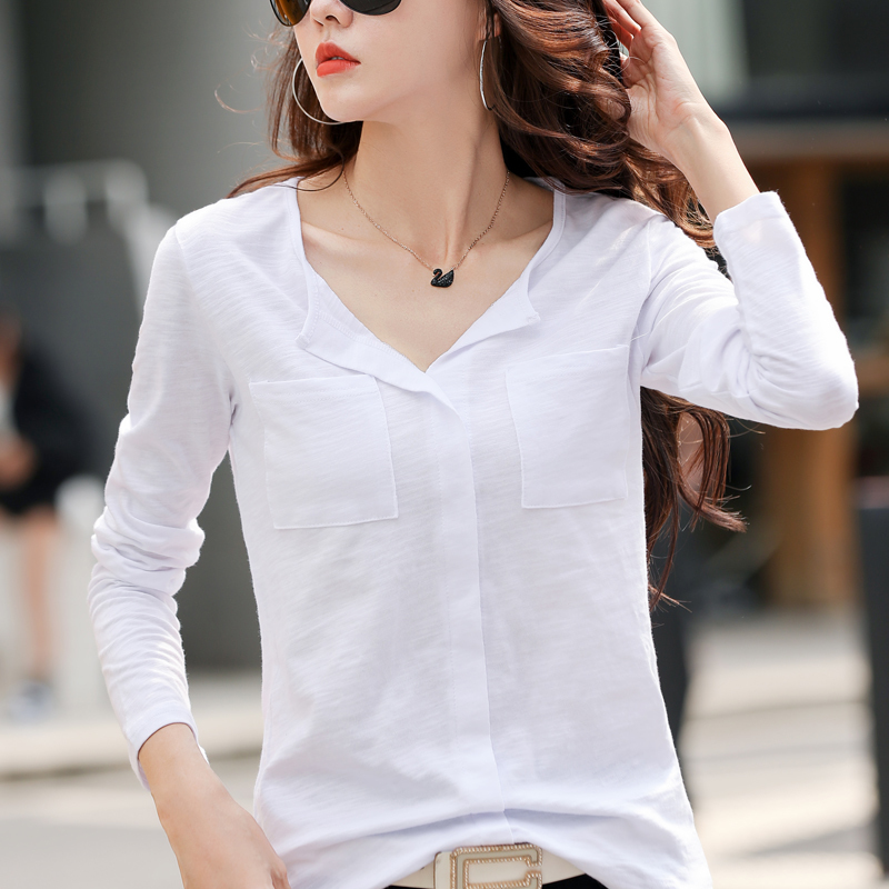 TuangBiang Fashion V-Neck Women Cotton T-Shirts Two Pockets Loose Autumn Tshirt Coffee Korean High Quality Long Sleeve Tops 220328
