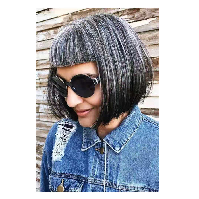 Custom Salt&pepper color grey bob human hair wig for black women with bang fringe hairpiece silver two tone blend natural daily use 150%density short 