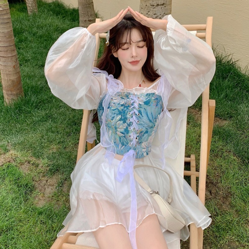 Vintage Elegant Party Floral Crop Tops Women Bandage Y2k Sexy Korean Bustiers Summer Lace Boho Beach Strap With Corset 220325