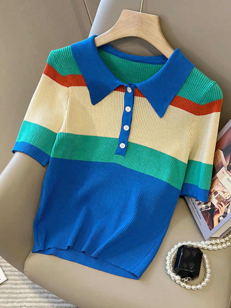 Korean Fashion Hit Color Striped Knitwear Tops 2022 Summer Short Sleeve Lapel Pullover Jumpers Women Knitted Sweater, Purple
Korean Fashion Hit Color Striped Knitwear Tops 2022 Summer Short Sleeve Lapel Pullover Jumpers Women Knitted Sweater, Purple