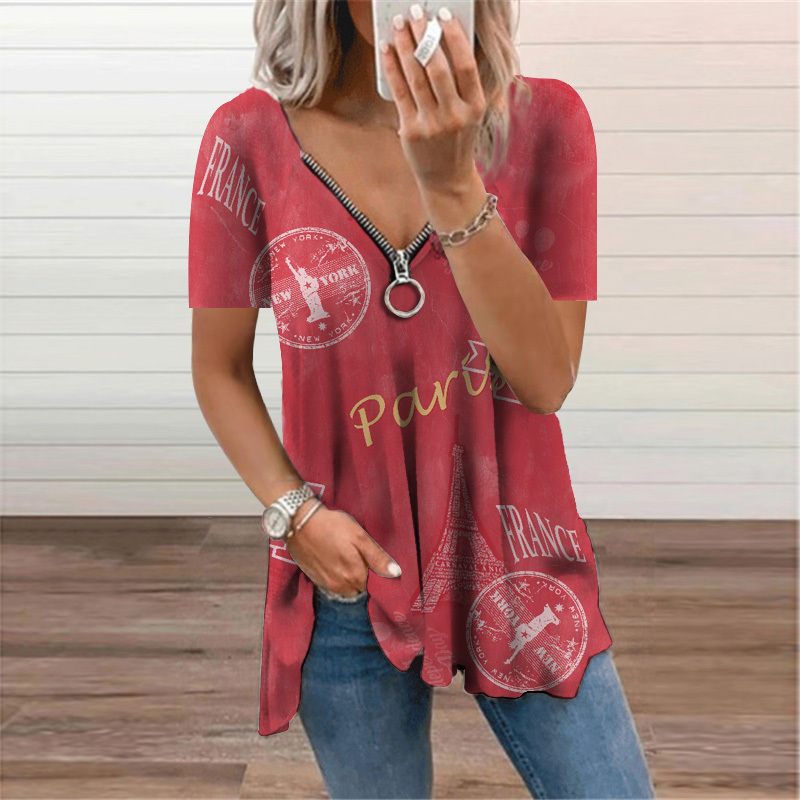 Zipper Ladies T-Shirt Oversized Print Short Sleeve V-Neck Top Tee Summer Womens Clothing Casual Loose Pullover Tunic 220328