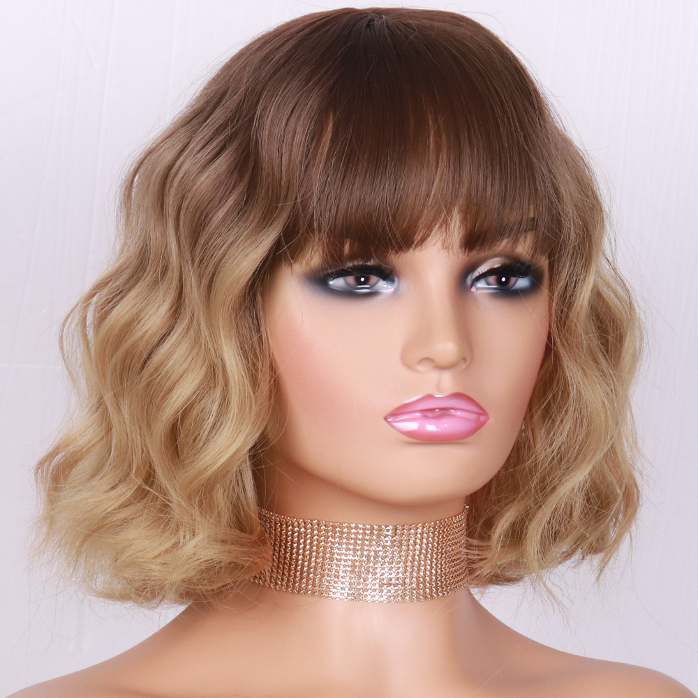 Short Brown Wig Synthetic Wigs with Bangs for Women Blonde Water Wave Natural Bob Wigs Heat Resistant False Hair
