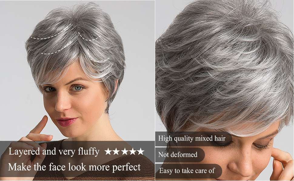 Short Grey Human Hair Wigs for Women 8inch Natural Pixie Cut Wig silver gray salt and pepper machine made non lace wig 150%density