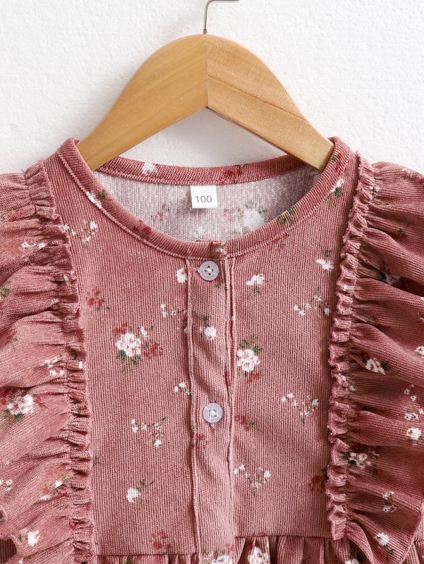 Toddler Girls Ditsy Floral Ruffle Trim Corduroy Dress SHE