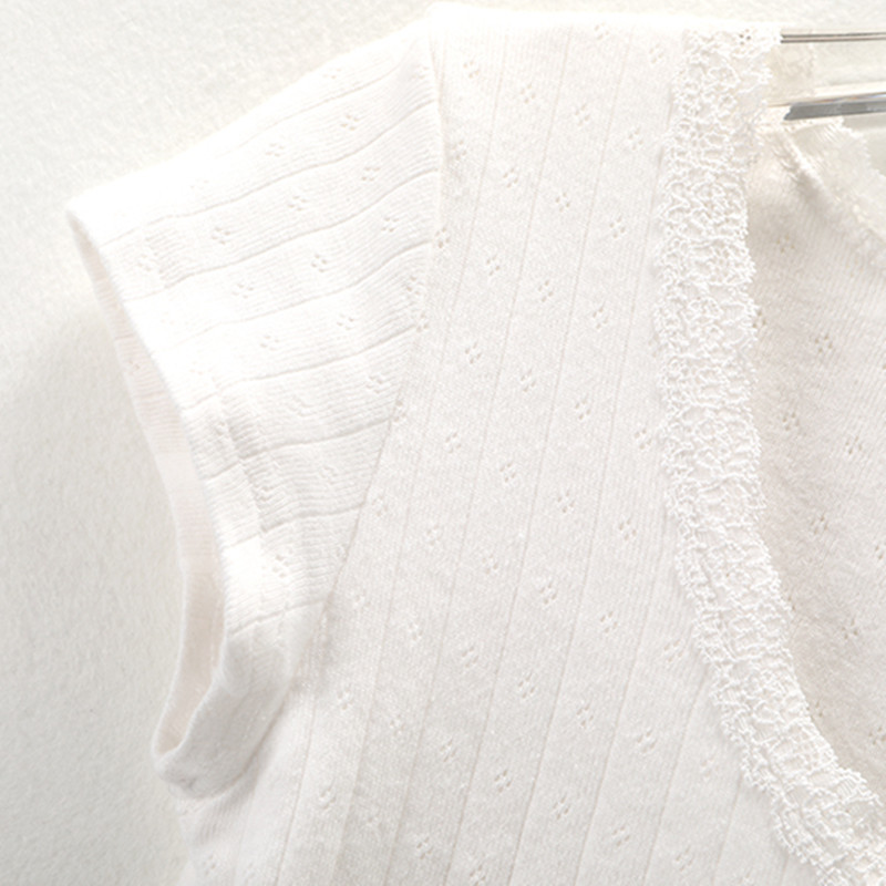 PUWD Y2K Cute Girl Cotton Hollow Out Lace T-Shirt Fashion Ladies Slim Short Sleeve Button Tops Women Summer O Neck Tees 220411