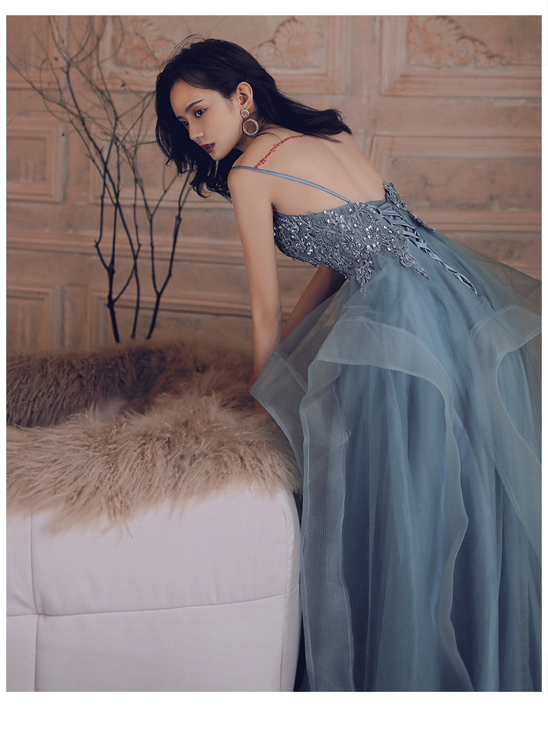 Dusty Blue Sexy Long Evening Dress 2022 With Lace Spaghetti Straps A Line Tulle Ruffles Backless Ceremony Prom Dresses Formal Party Gowns Vestidos De 