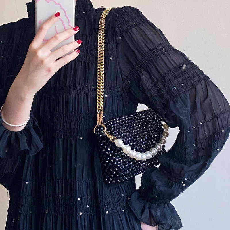 Evening Bags Customized Summer Bead Beach for Women 2022 Metal Golden Chain Design Handmade Woven Female Shoulder Bag Can Hold Phone 220513