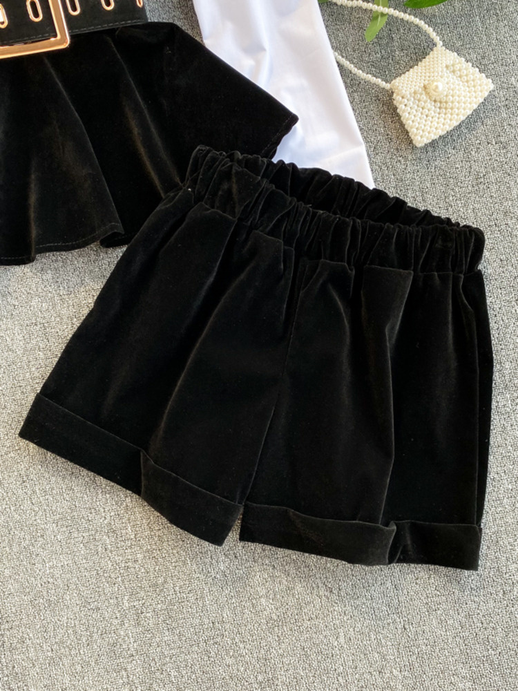 DEAT Autumn Long Sleeve Patchwork Velvet Size Small Tops With Belt High Waist Shorts Two Piece Set Women MH334 220810