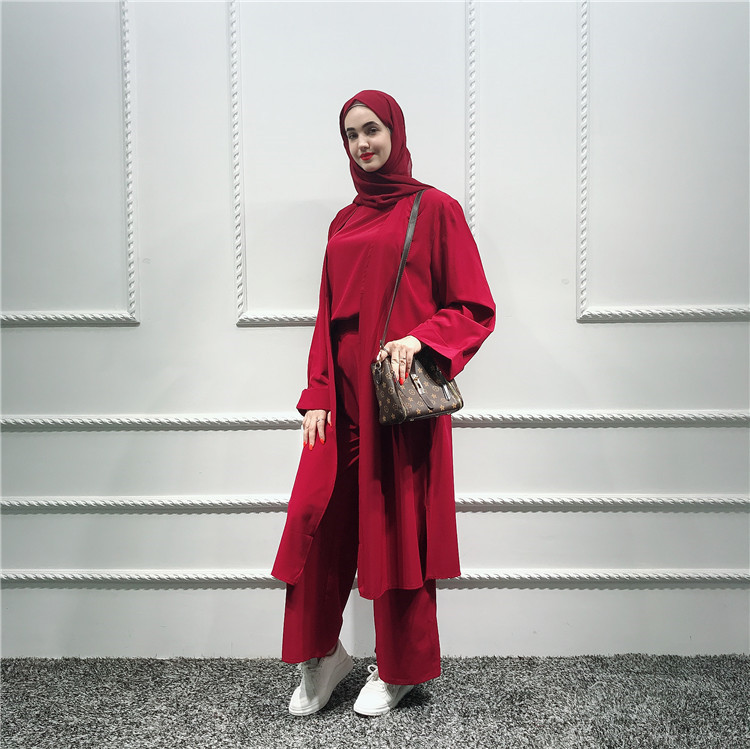 Three-pieces Muslim Abaya Turkish Kimono Tops Pants Muslim Dress Hijab Robe Dubai Caftan Kaftan Islam Clothing Suits wq2595w