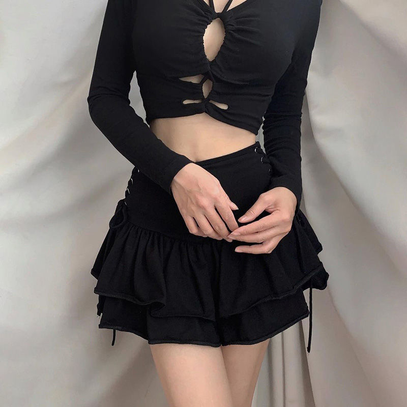 Retro solid color high waist sexy hollow summer black short skirt ruffled a-line woman s extreme mini micro 220317