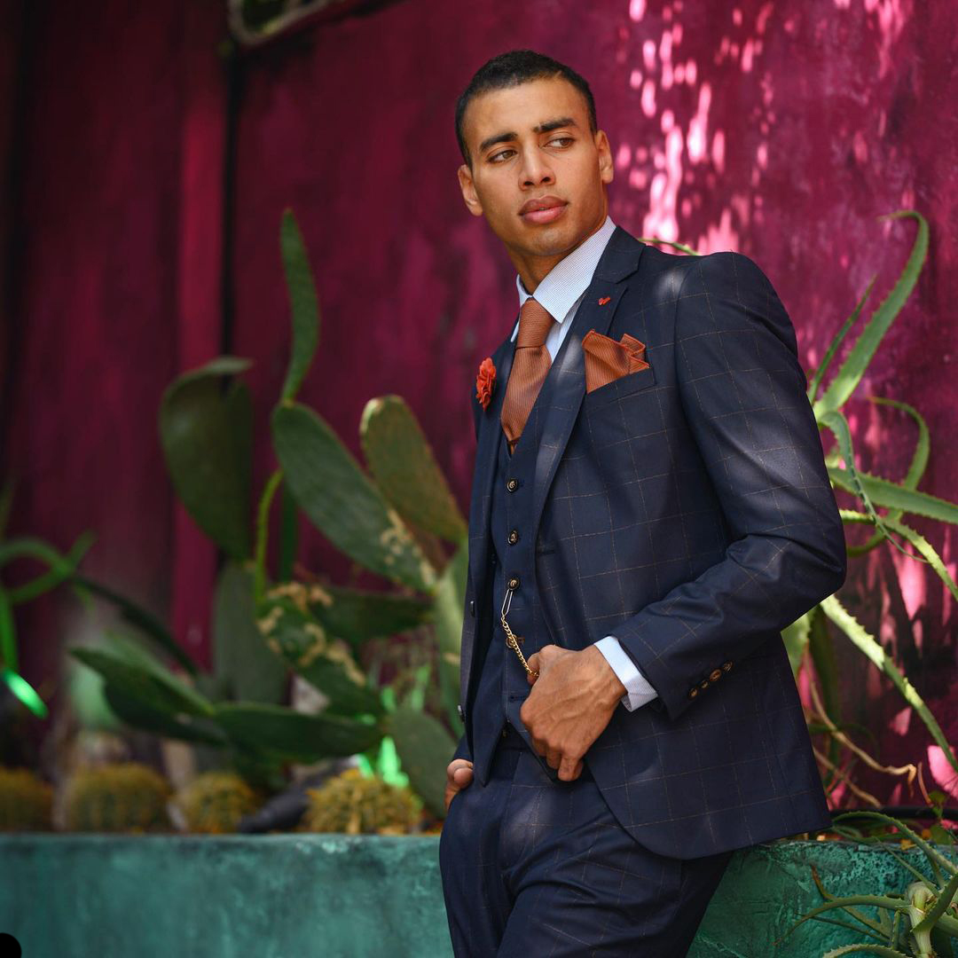 Three-Pieces Casual Dark Navy Single Breasted Plaid Men Suits Slim Fit Groom Wedding Dress Blazer Vest Pants Gentlemen Slim Fit