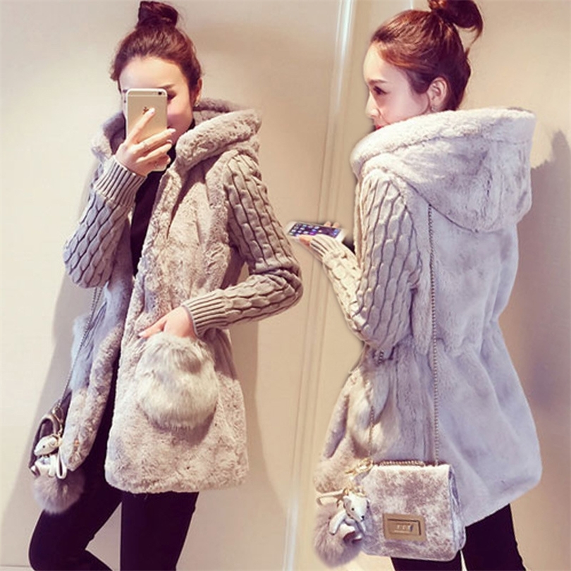 Spring Autumn Jacket Women Hooded Coat Furry Faux Fur Knit Sweater Coat Big Pocketswomen Coats And Jacket Plus Size Women Jacket T200111