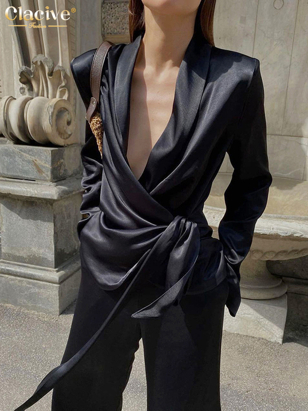 Clacive Balck Casual Satin Women Sets Autumn Long Sleeve Blazers With Wide Leg Pants Elegant Lace-Up 2 Piece Trousers 220315