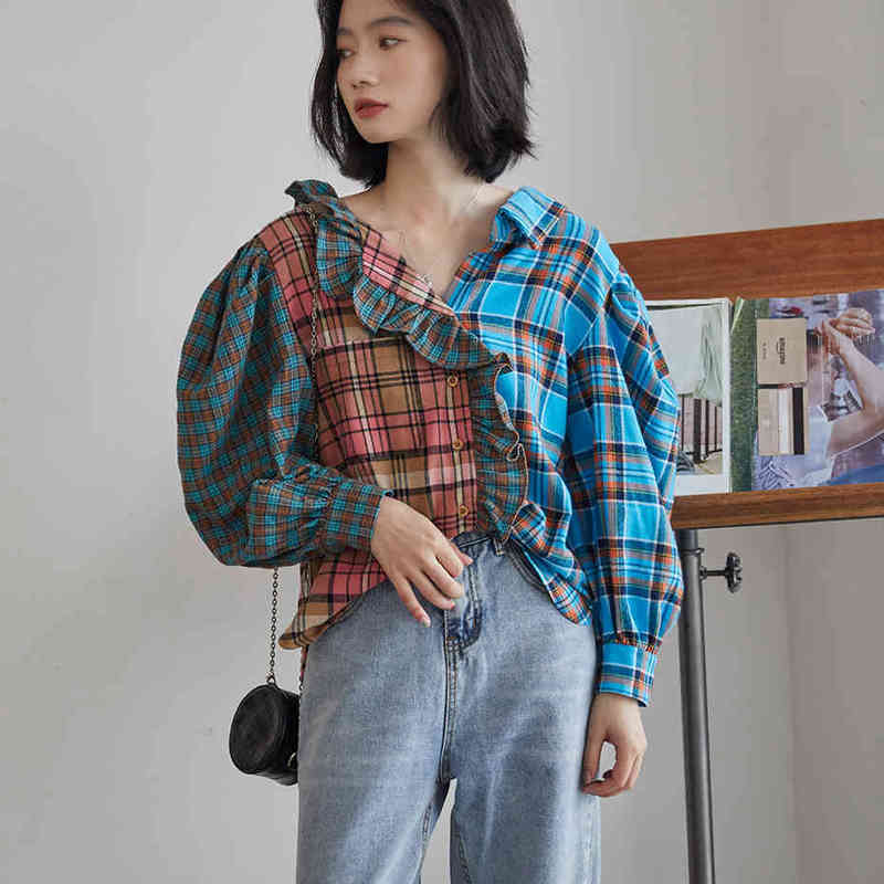 QoerliN Fall Contrast Color Plaid Shirt Women Retro Loose Casual Elegant Ruffles Blouse Ladies Shirt Fashion Lantern Sleeve Tops 210412