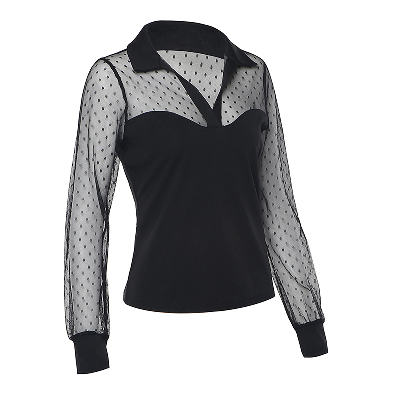 Women Mesh Sheer Blouse See-through Long Sleeve Top Shirt Blouse Fashion Lace Transparent White Shirt Female Blusas 220516