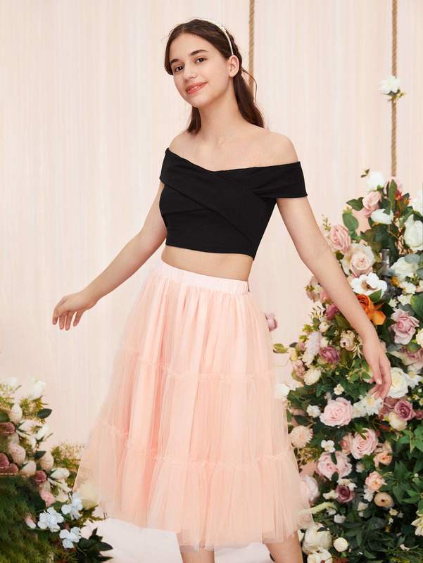Teen Girls Off Shoulder Top & Ruffle Hem Mesh Skirt SHE