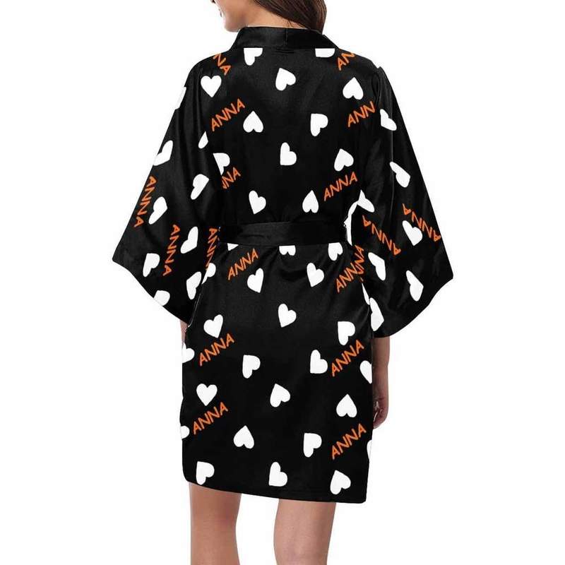 Custom Name Heart Women Short Kimono Robe Black Background Personalized Gifts Female Indoor Autumn Soft Pajama Set Sleepwear 220621