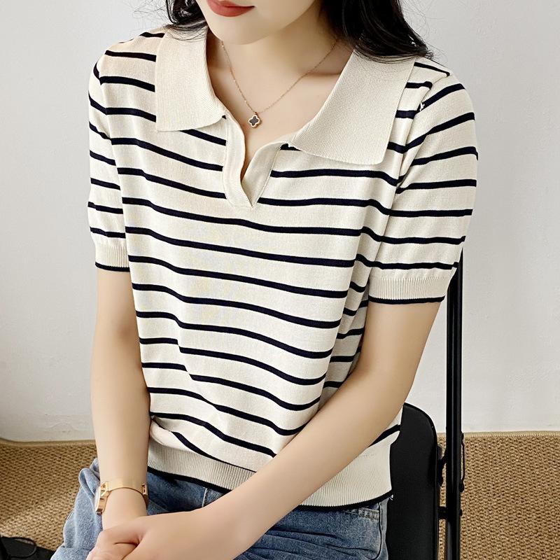 Women's T-Shirt Summer Color Contrast Striped Lapel Top Women's Loose V-neck Short-sleeved Ins TideWomen's, Beige
Women's T-Shirt Summer Color Contrast Striped Lapel Top Women's Loose V-neck Short-sleeved Ins TideWomen's, Beige