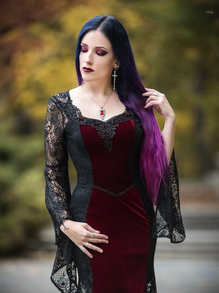 Casual Dresses Women Gothic Velvet Vintage Black Dress Aesthetic Wine Red Vestido Lace Flare Sleeve Maxi Robe Goth Elegantes Para Mujer