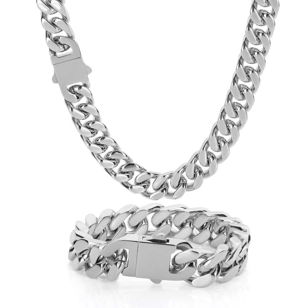 Cuban Link Chain Necklace Bracelet Jewelry Set Heavy 18K Gold Plated Stainless Steel Metal Necklace for Boys Girls with Design Spring Buckle