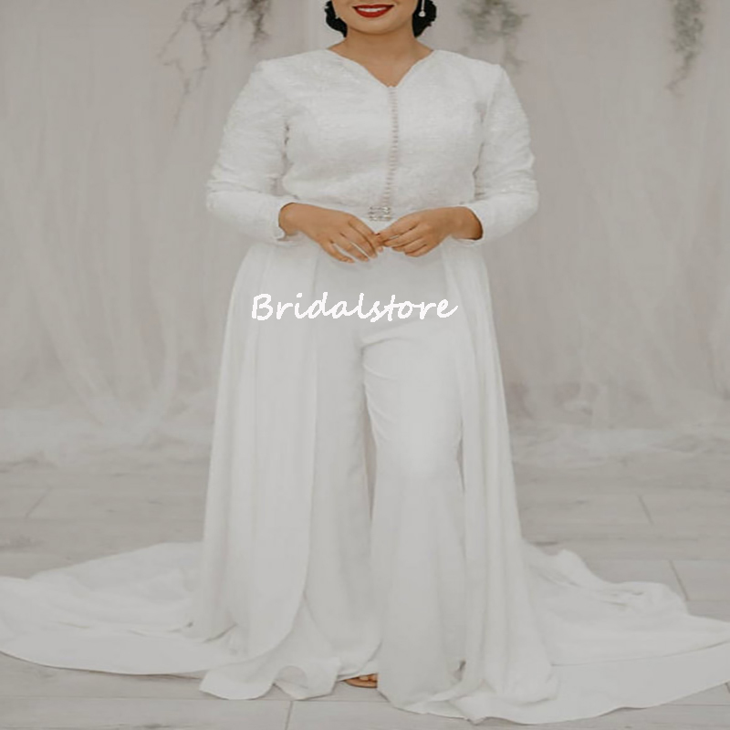 White Caftan Algerian Wedding Dress 2022 Plus Size Long Sleeve Jumpsuit Boho Bridal Dresses With Pantsuit Beadd Lace Muslim Bride Party Gowns Sexy Rob