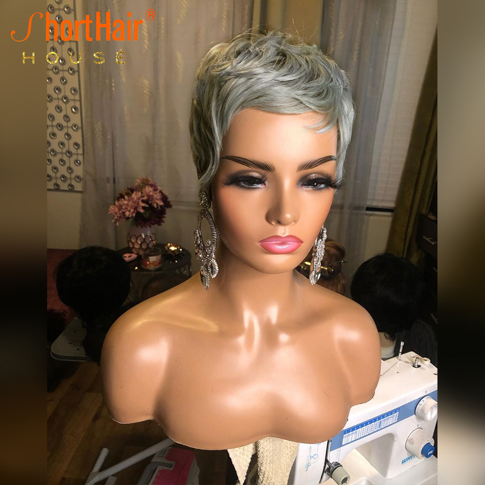 Silver Grey Pixie Short Cut Bob Wig 100% Human Hair Wigs For Women Jewelry Blue Wavy Wigs Full Machine Made Glueless